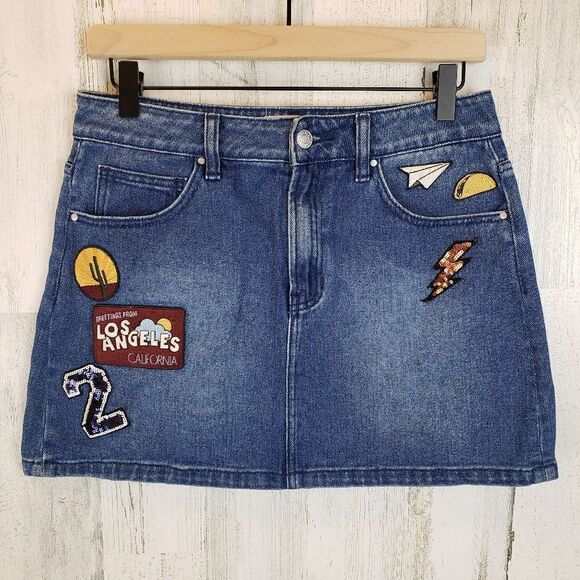 PacSun Embroidered Patch Denim Skirt Sz 27 - Picture 1 of 5